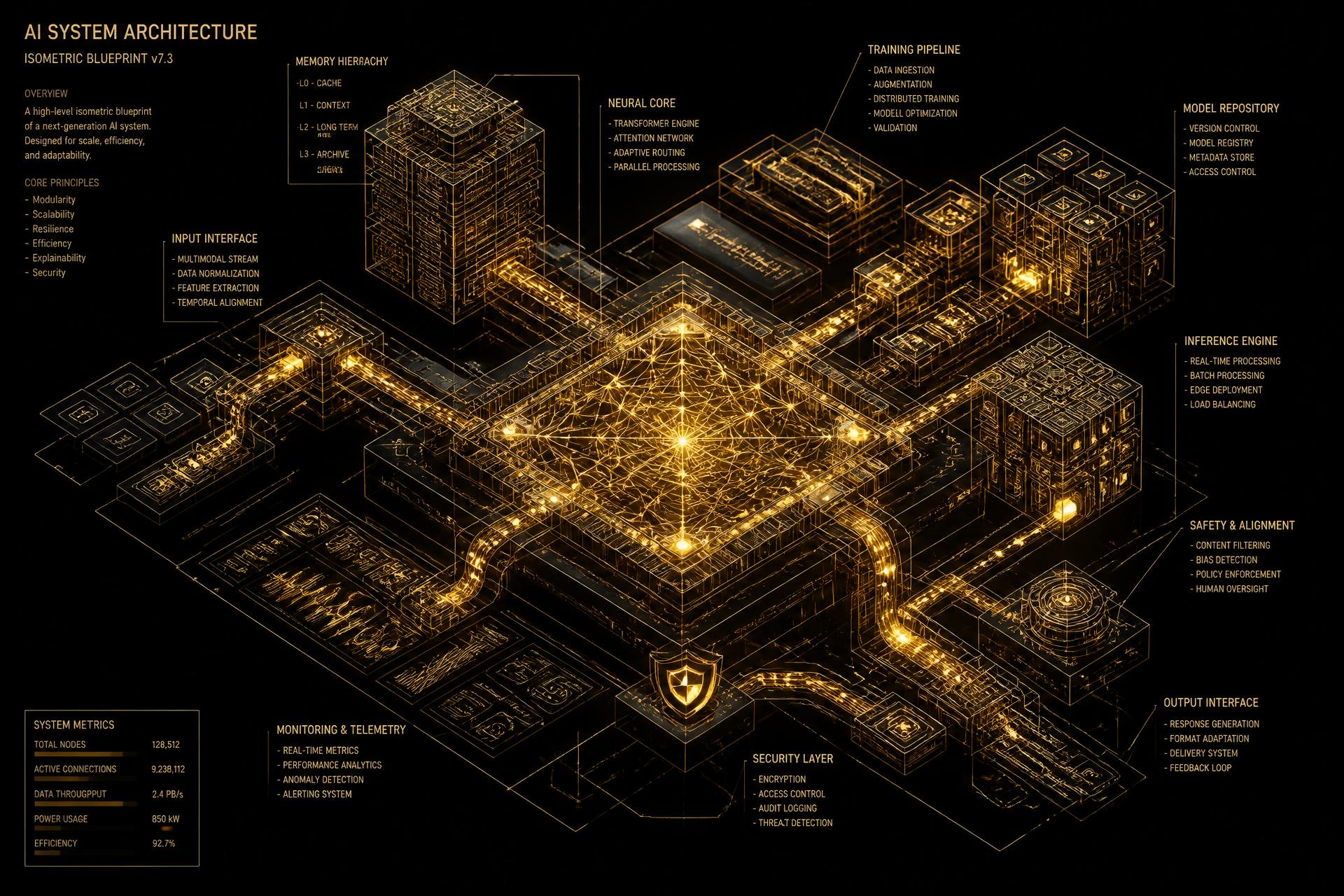 Isometric blueprint of an AI system architecture rendered in gold on black