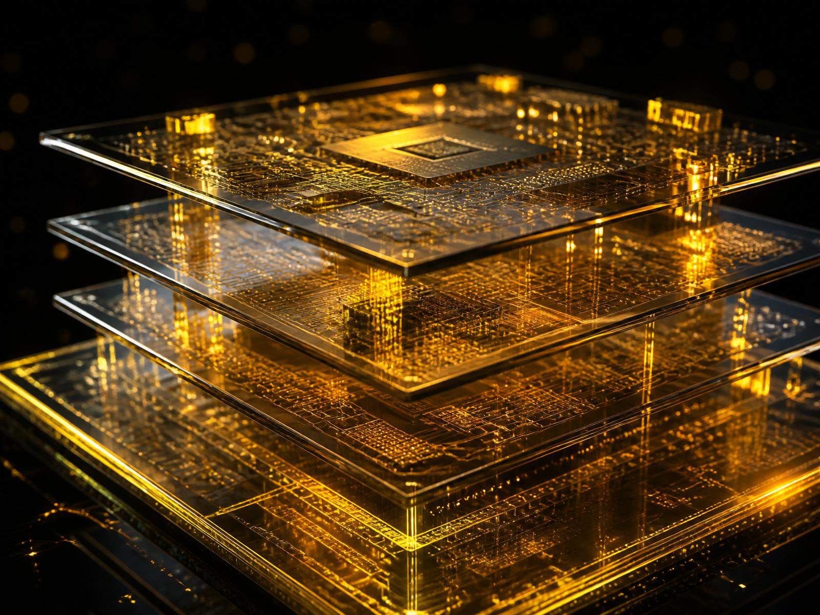 Stacked glass circuit layers glowing gold, illustrating layered platform architecture