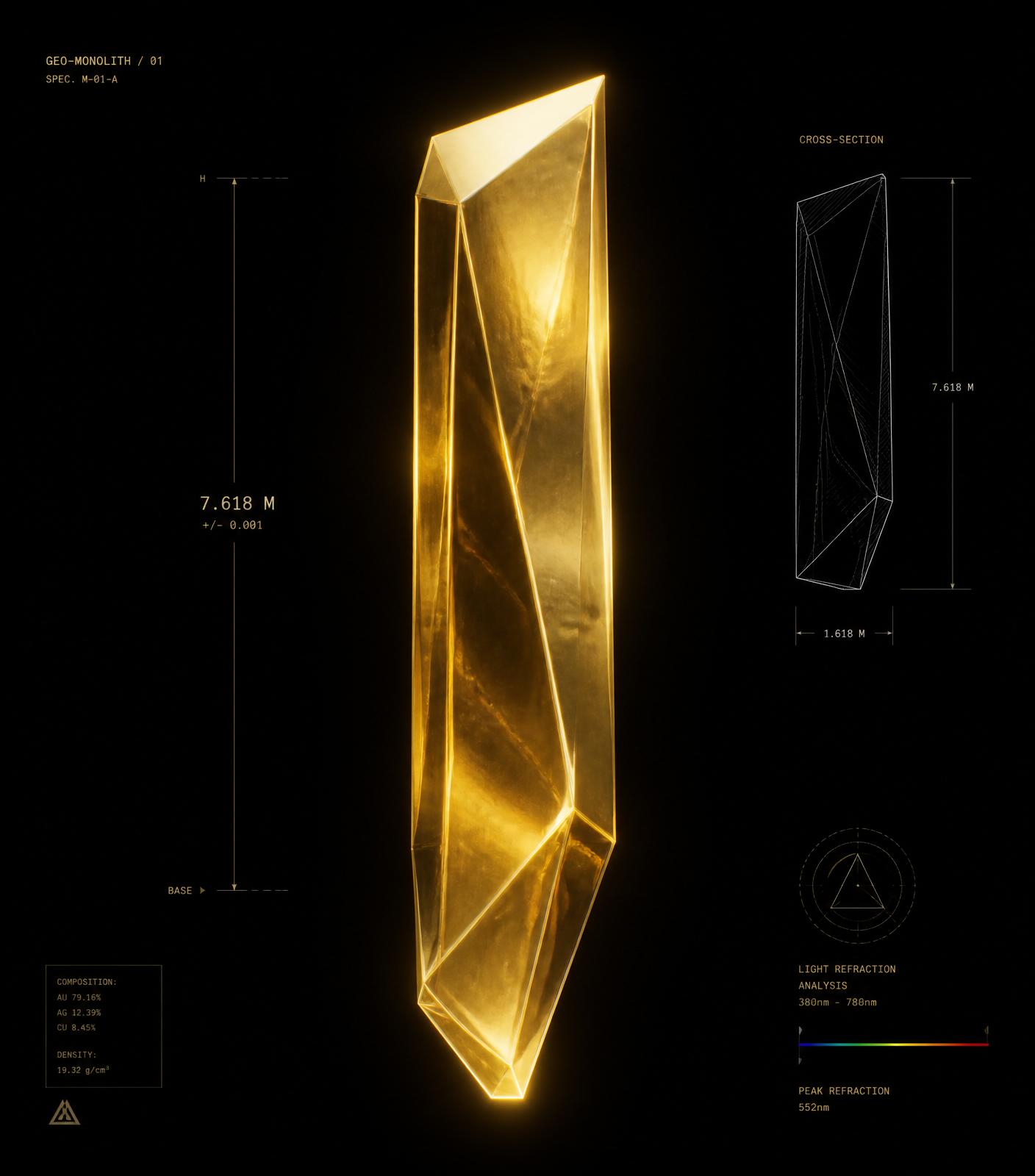 Tall faceted gold monolith floating in black space, technical cross-section