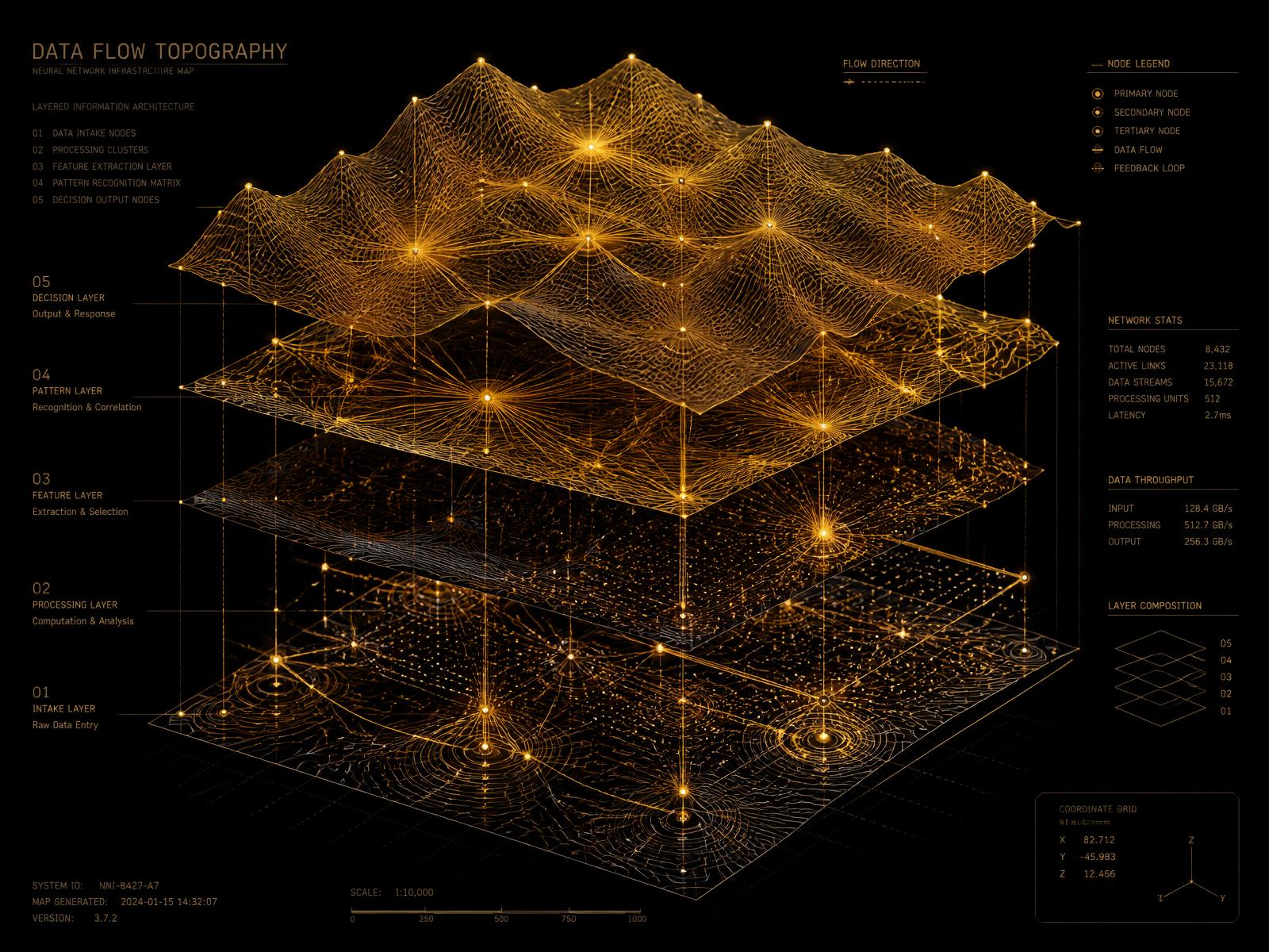 Layered topographic data flow visualization in gold on black